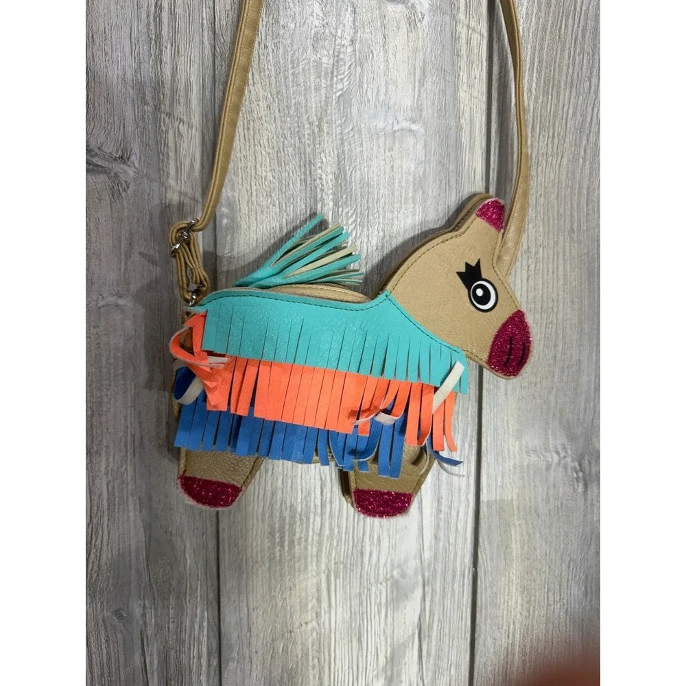 Llama Pinata Crossbody Bag Gold Faux Leather Fringe Novelty Purse Festival Bag